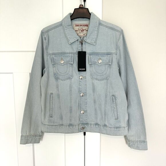 True Religion Jesse Trucker Light Blossom Wash Denim Jean Jacket S NEW Logo Flap - Picture 2 of 8